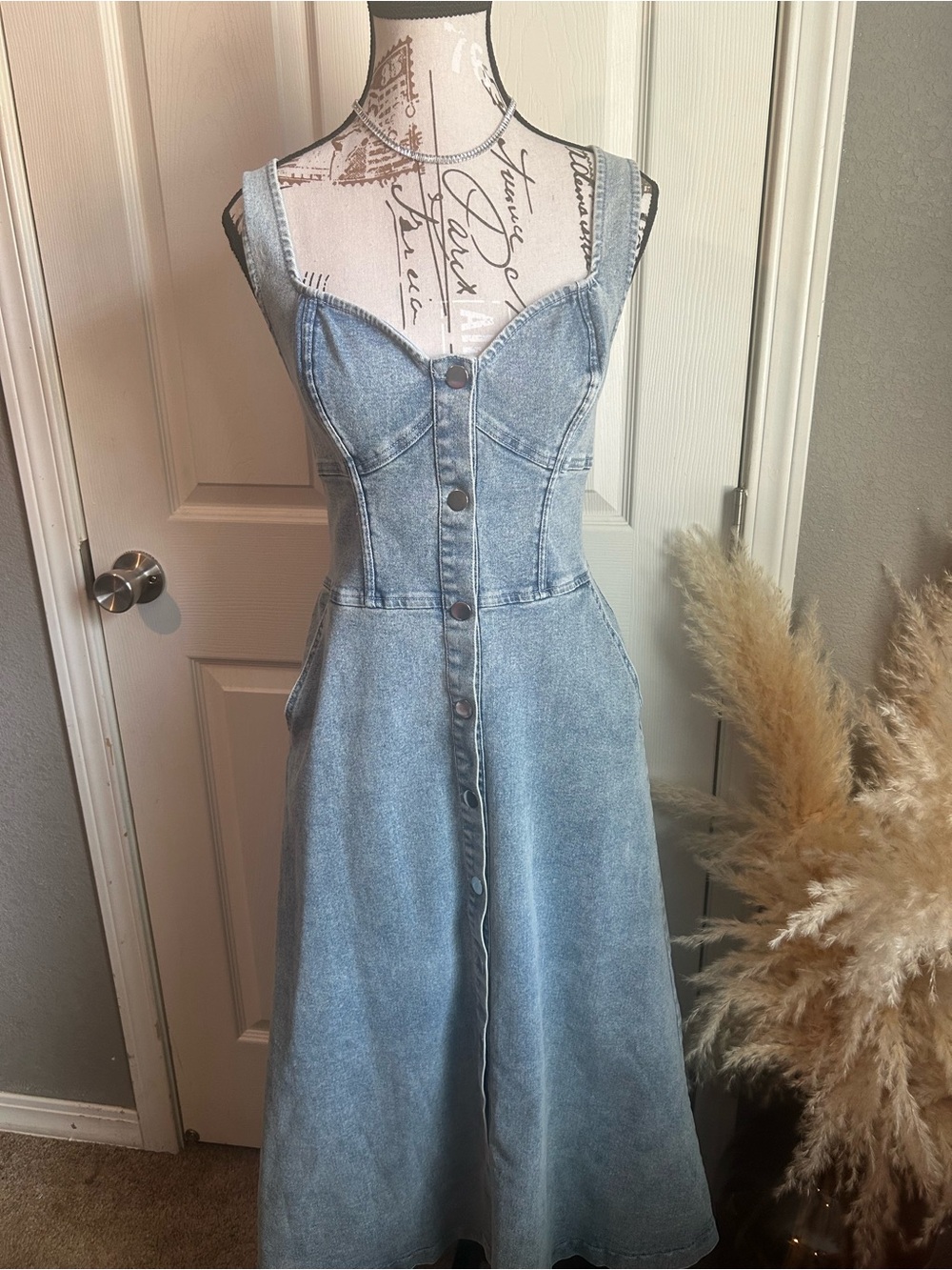 Denim Button-Front Midi Dress - Light Blue
